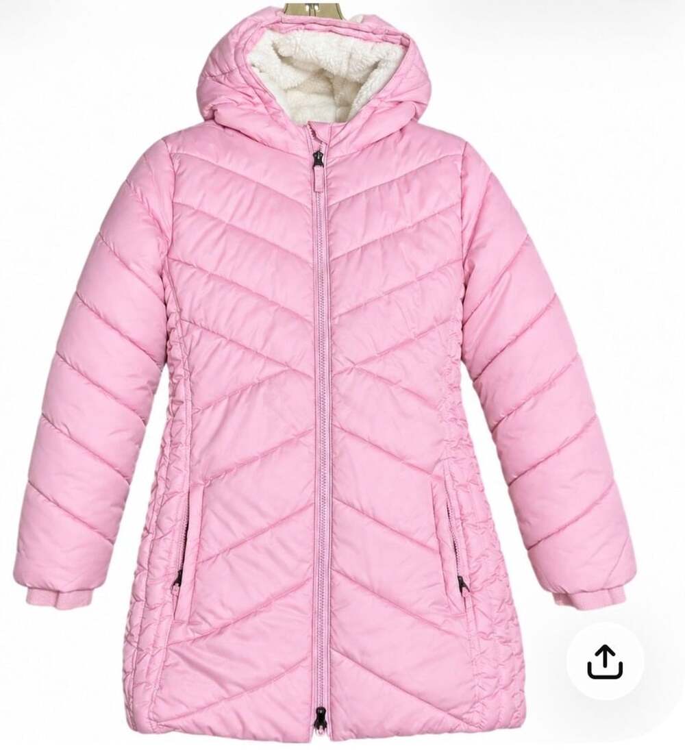 Lands’ End Girls 14/16 Pink Puffer Long Winter Coat Faux Fur Lined Hooded